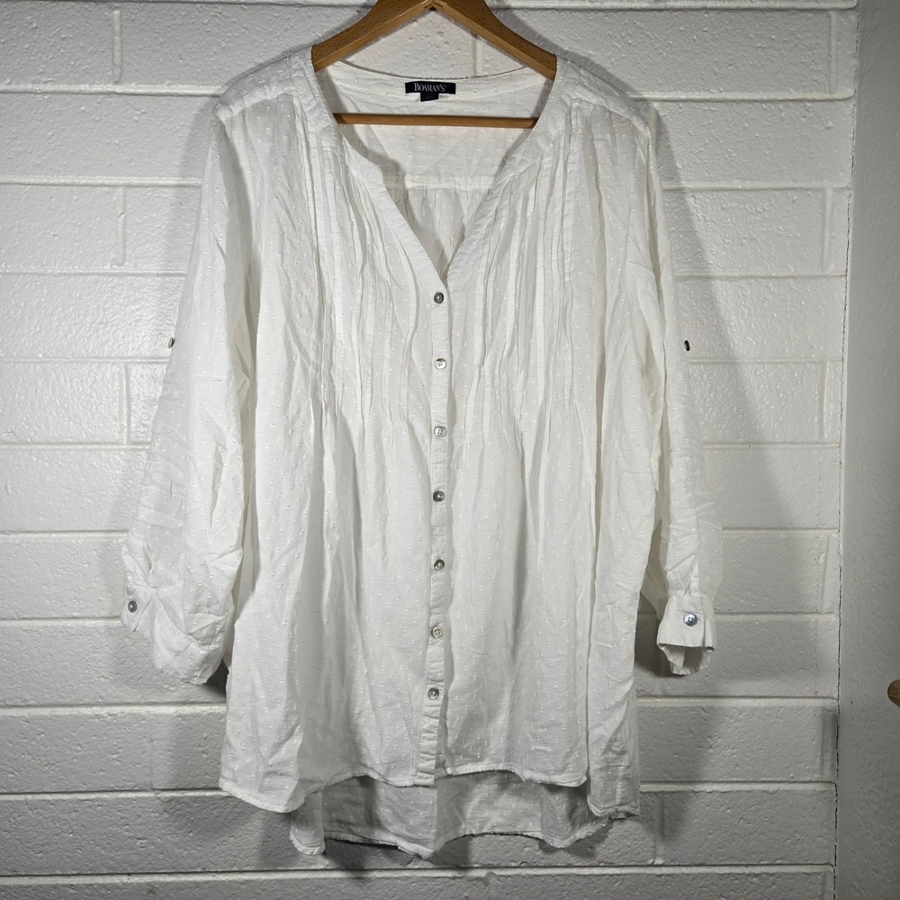 Vtg Plus Button Up Blouse 32W Sheer Cotton Swiss Dot Pintuck Tunic Top Coverup